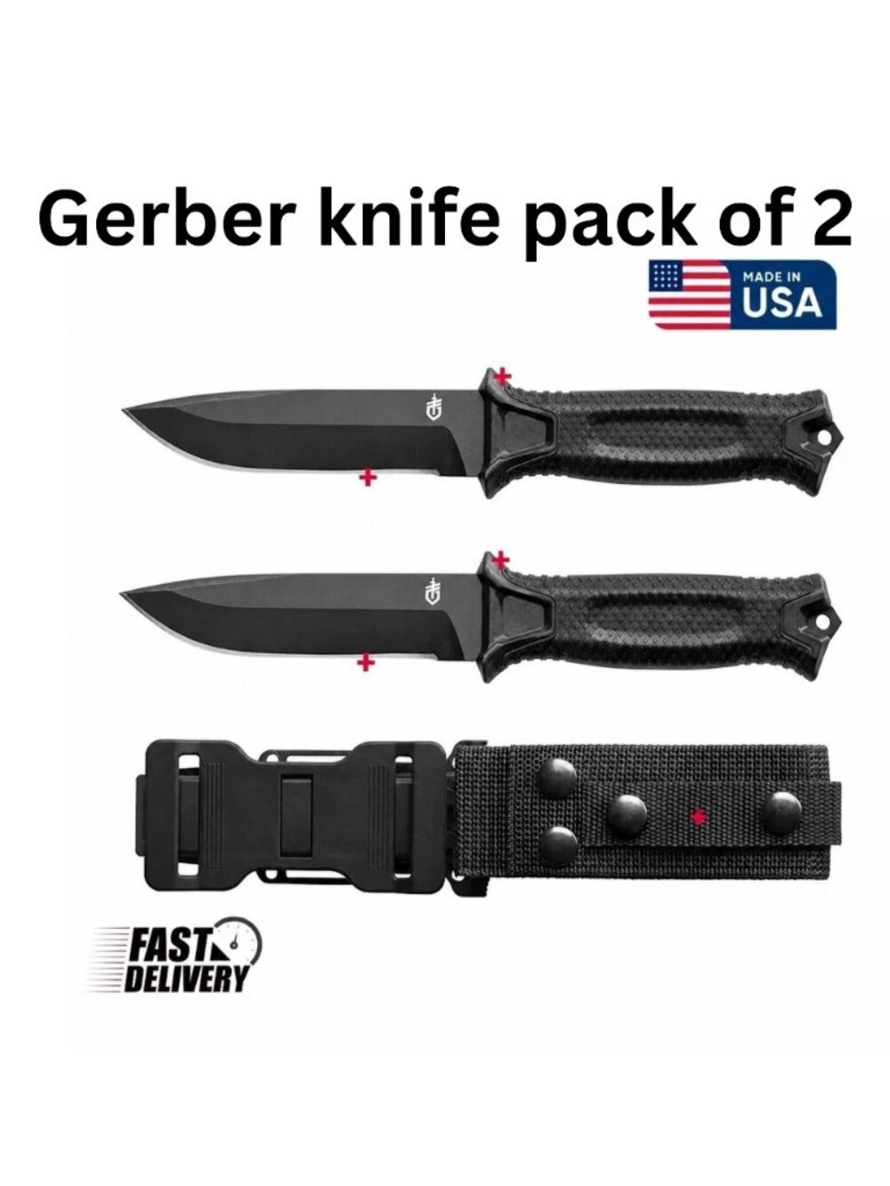 Gerber Gear Strong Arm - Fixed Blade,  Tang Knife - Black, Plain Edge pack  of 2